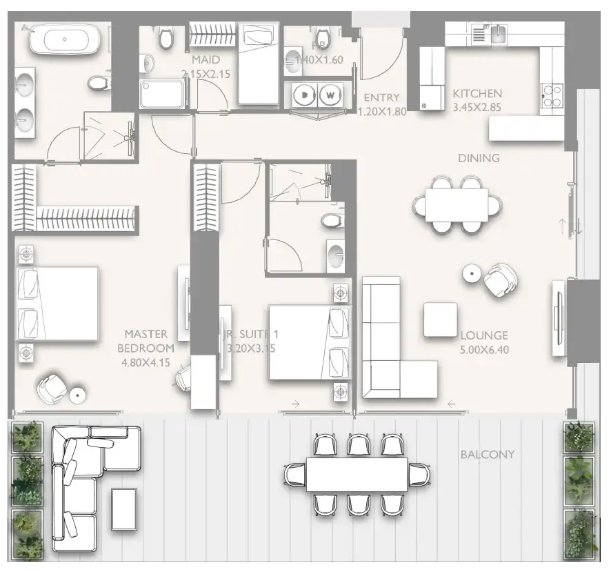 Fairmont Residences Solara Tower 2 bed floor plan, 1,937 sqft