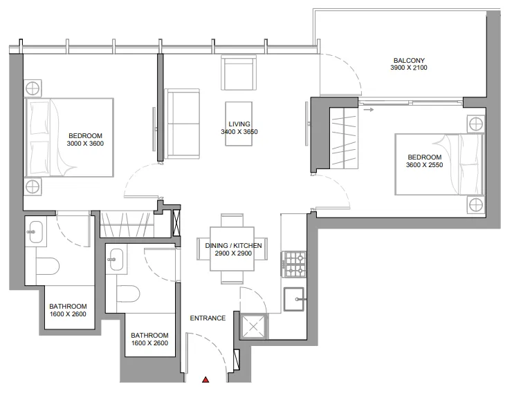 Sobha Aquamont 2 bed floor plan, 721 sqft