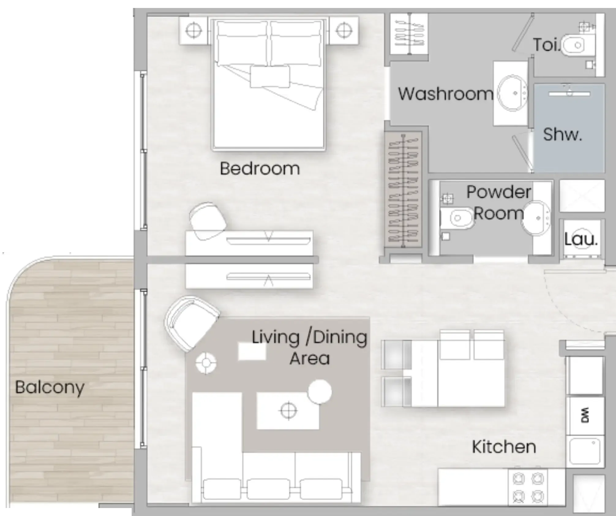 One Beverly 1 bed floor plan, 699 sqft