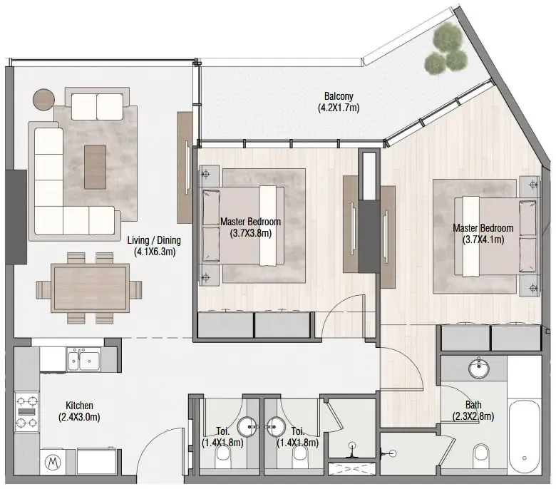 South Living 2 bed floor plan, 1,306 sqft
