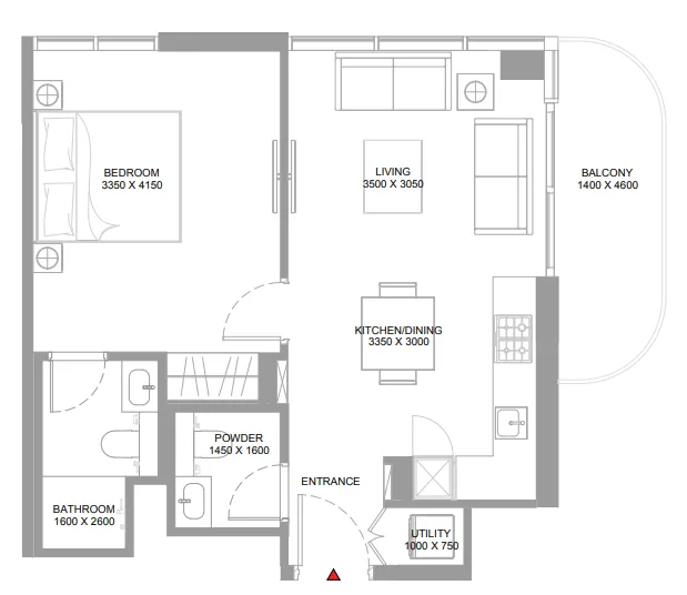 Pristine Beach Residences 1 bed floor plan, 620 sqft