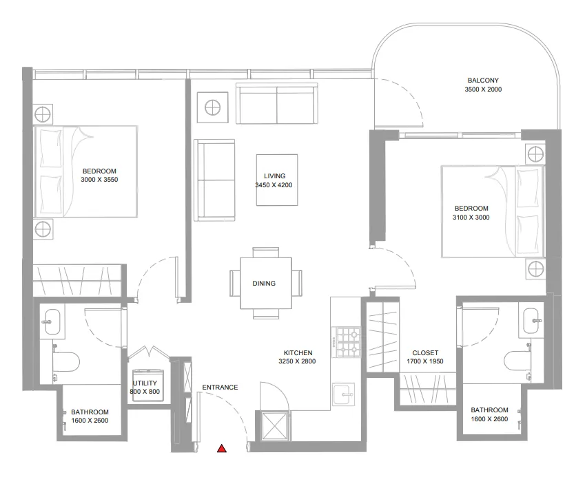 Bayside Marina Residences 2 bed floor plan, 808 sqft