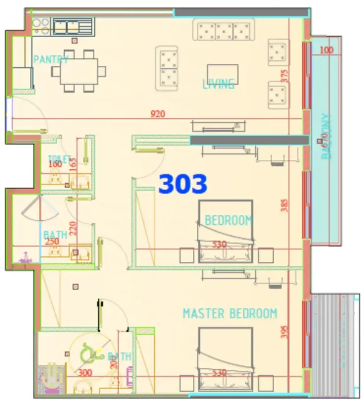 Carmel Residence 2 bed floor plan, 1,308 sqft