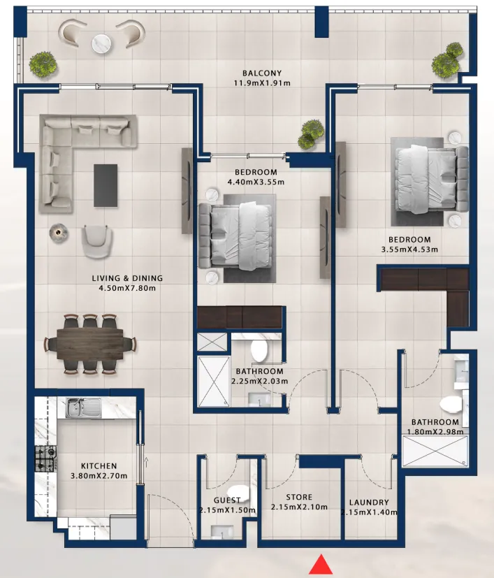 Asayel Avenue 2 bed floor plan, 1,725 sqft
