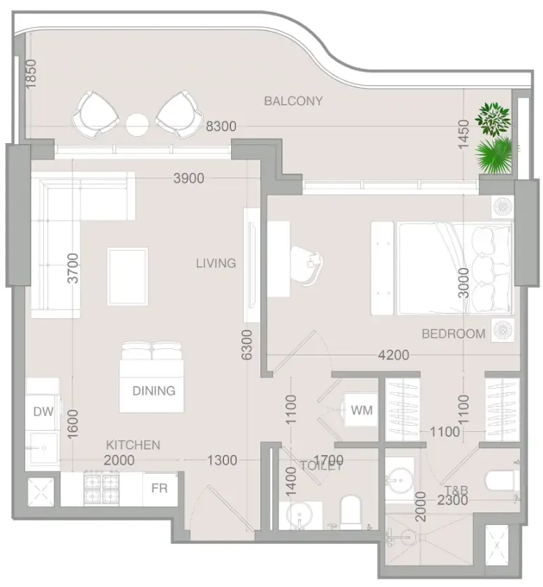 ALTA V1EW 1 bed floor plan, 743 sqft