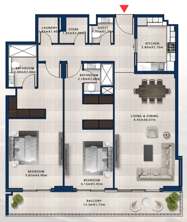 Asayel Avenue 2 bed floor plan, 1,756 sqft