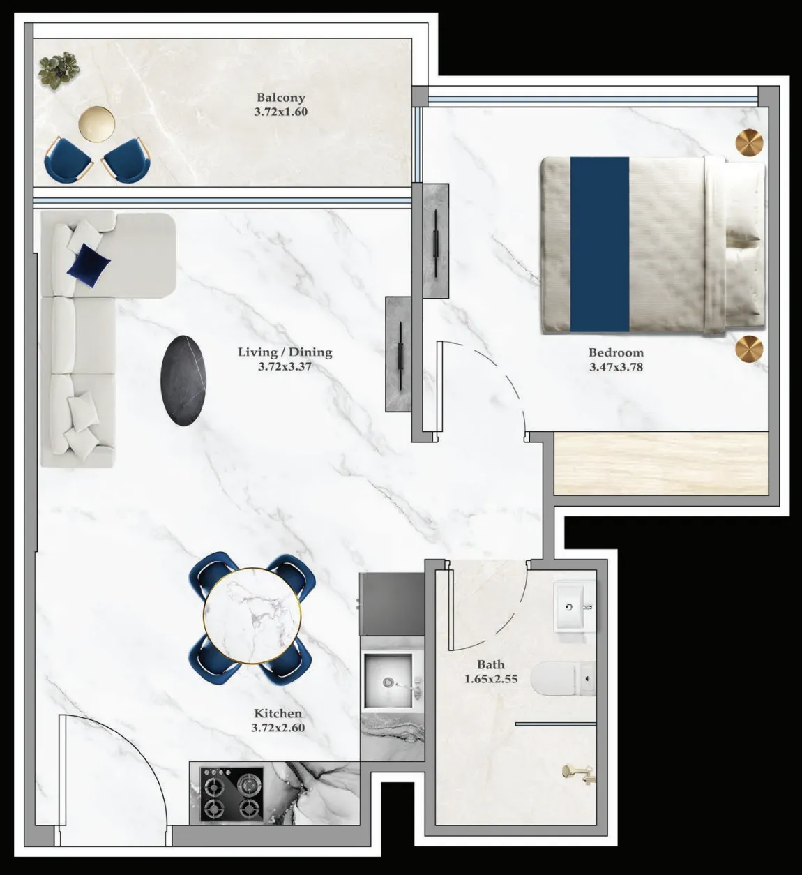 Aspirz 1 bed floor plan, 473 sqft