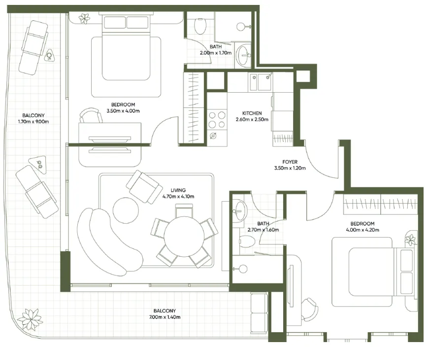 Olivia Gardens 2 bed floor plan, 1,061 sqft