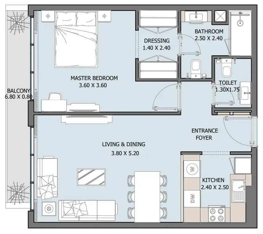 Oceana 1 bed floor plan, 723 sqft
