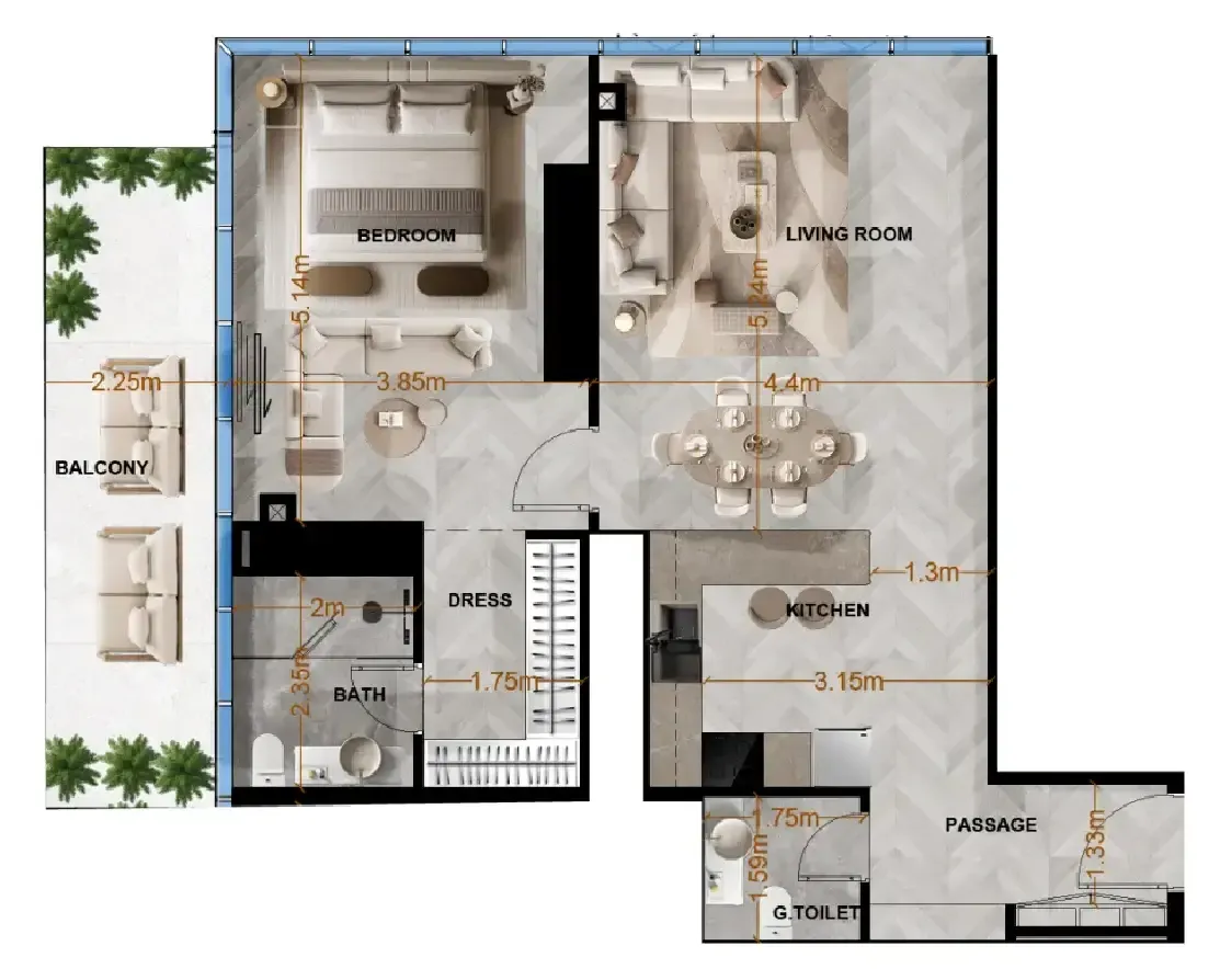 Radiant Terrace 1 bed floor plan, 980 sqft