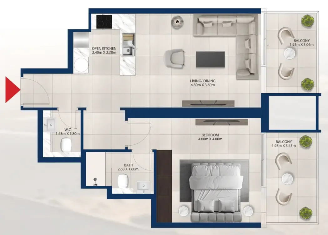 Al Vista 1 bed floor plan, 799 sqft