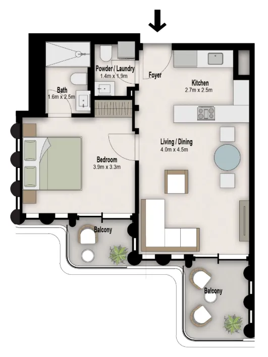 One B Tower 1 bed floor plan, 685 – 686 sqft