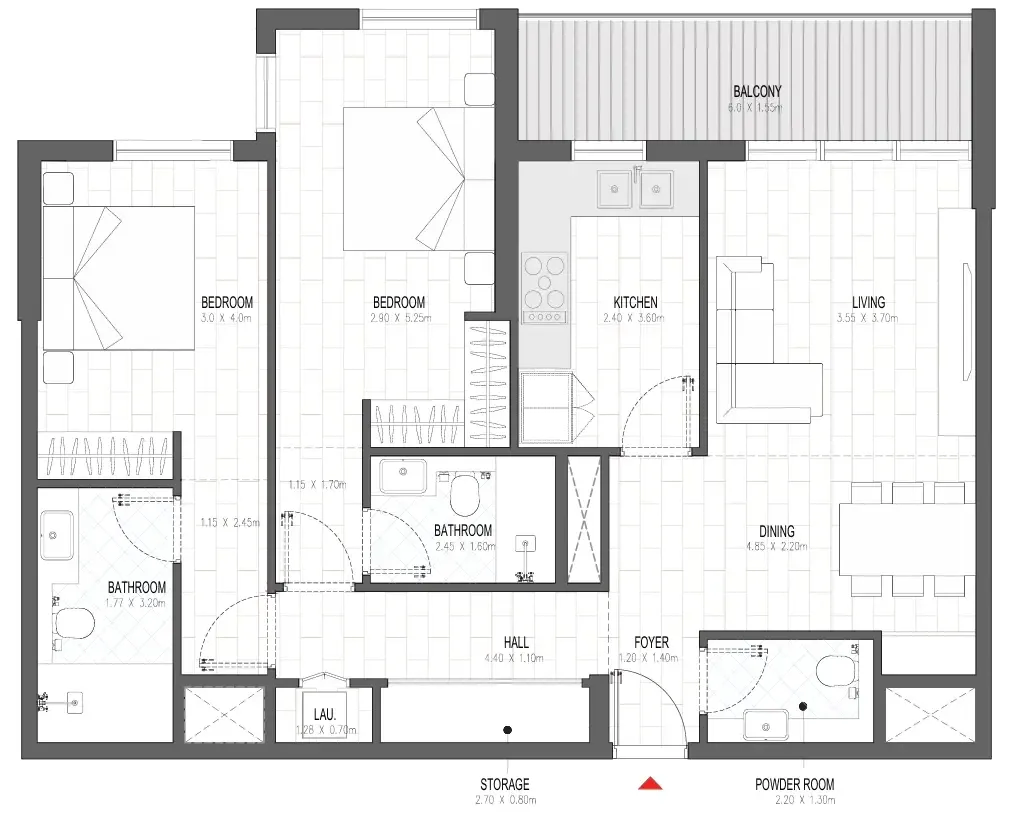 Olfah 2 bed floor plan, 1,180 sqft