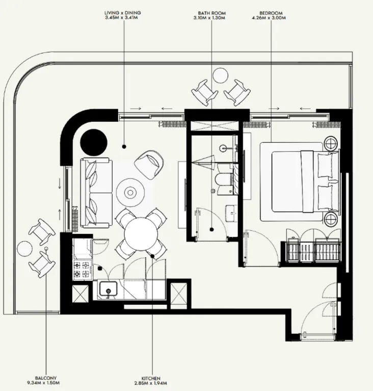 Azizi Venice 1 bed floor plan, 793 sqft