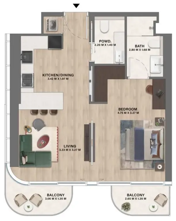 Mövenpick Residences Dubai Motor City Phase 1 1 bed floor plan, 674 sqft