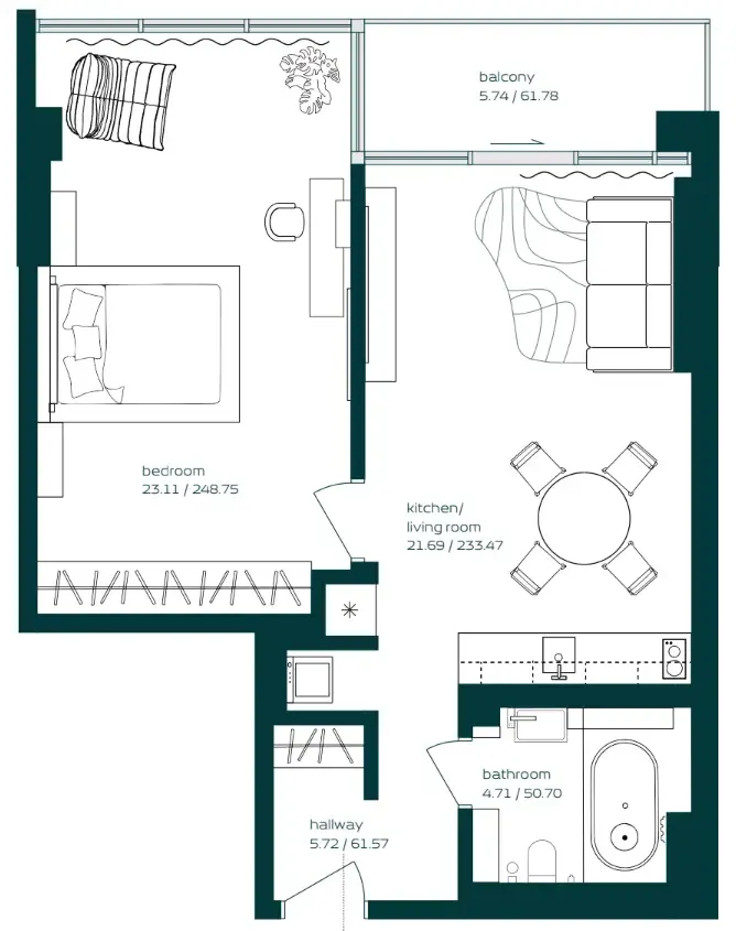 Vibe 1 bed floor plan, 730 sqft