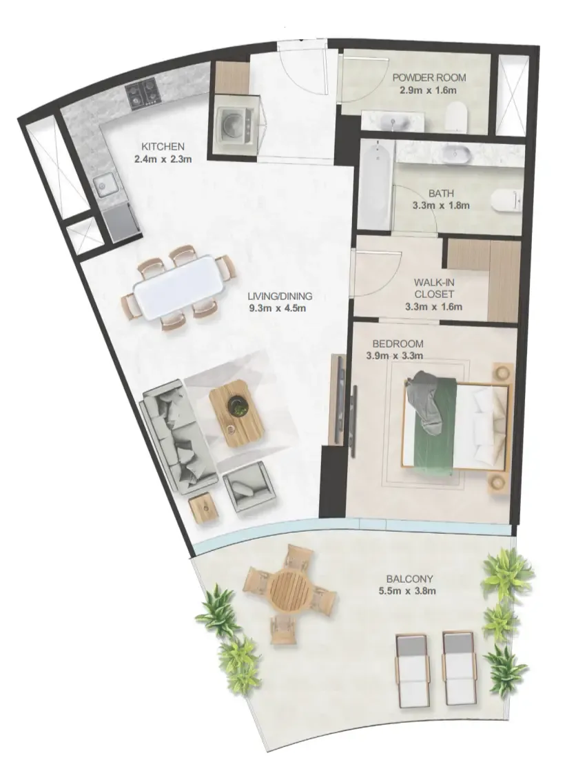 Oystra 1 bed floor plan, 1,041 sqft