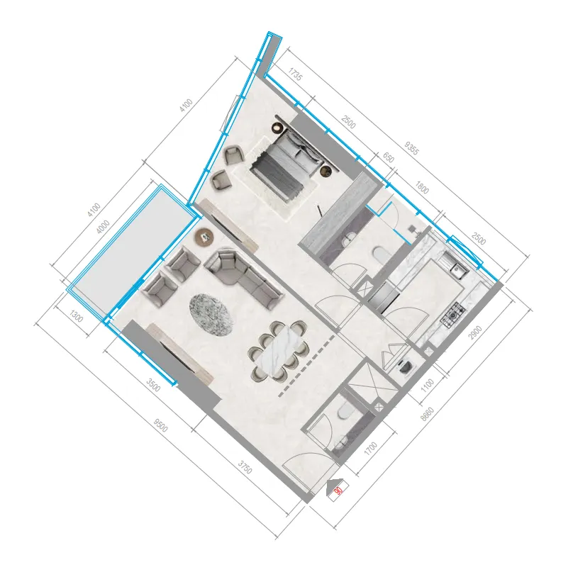 Orchid Towers Phase 1 1 bed floor plan, 834 sqft
