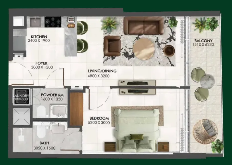 Enchante 1 bed floor plan, 658 – 686 sqft