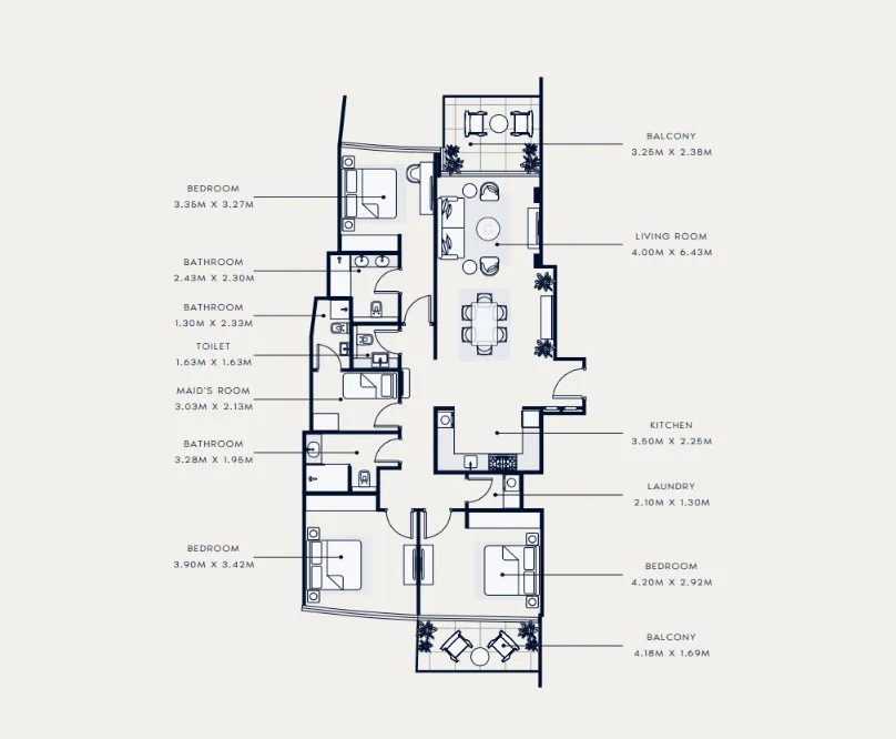 Azizi Venice 3 bed floor plan, 1,617 sqft