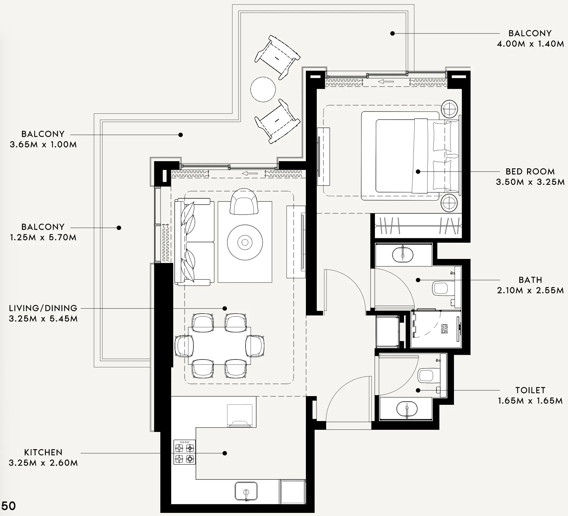 Riviera 60 1 bed floor plan, 859 – 860 sqft
