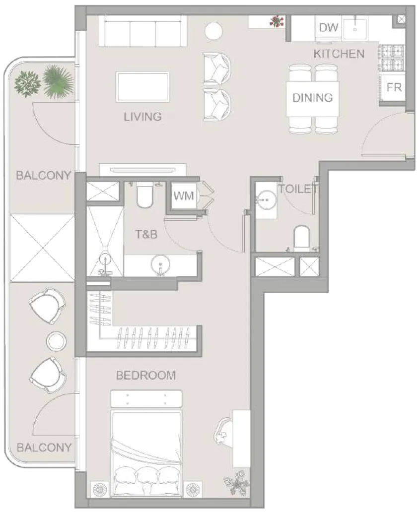 TETR1S Tower 1 bed floor plan, 813 sqft