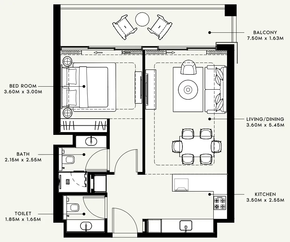 Riviera 60 1 bed floor plan, 803 sqft