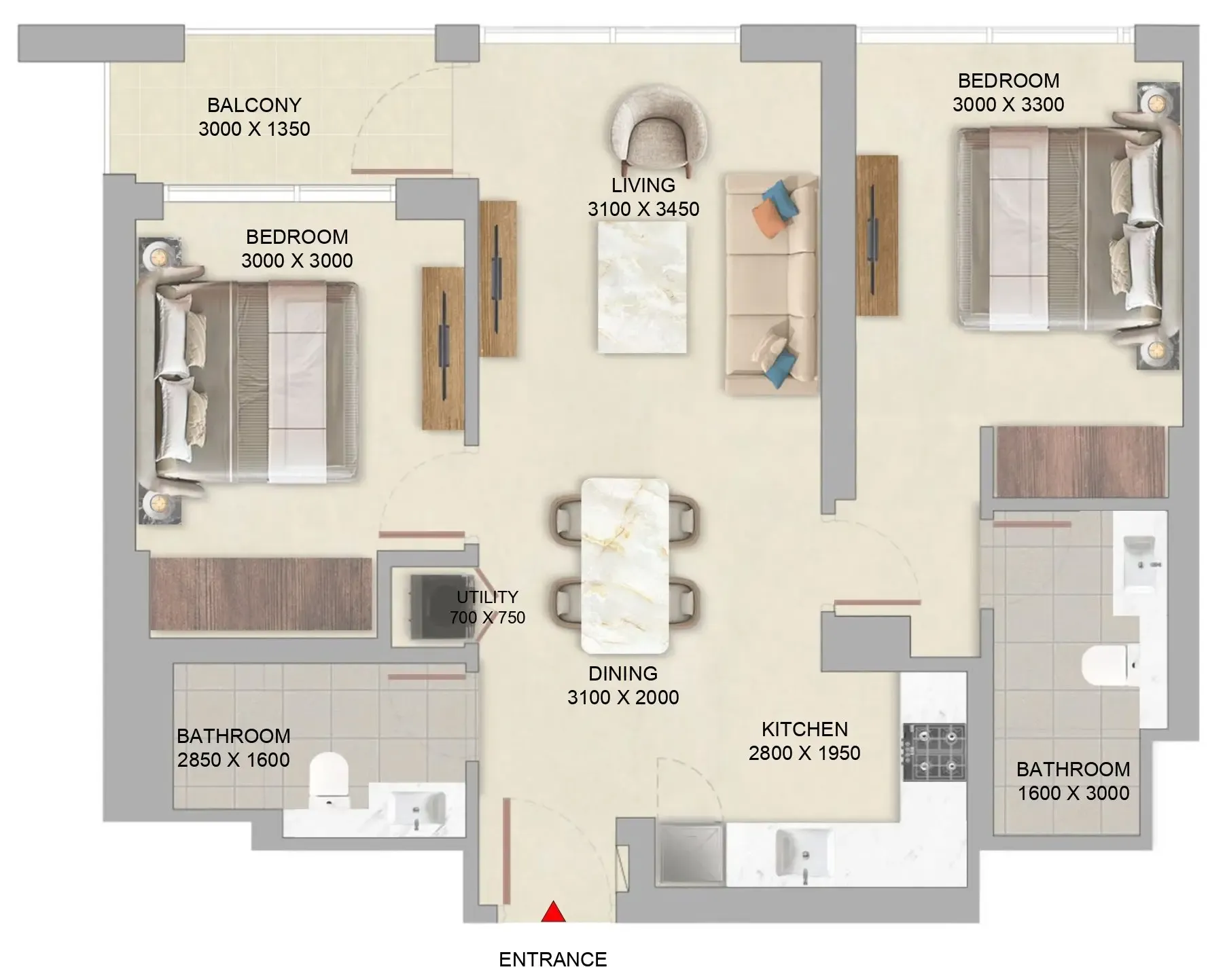 The Woods Abode at Sobha Sanctuary 2 bed floor plan, 827 sqft