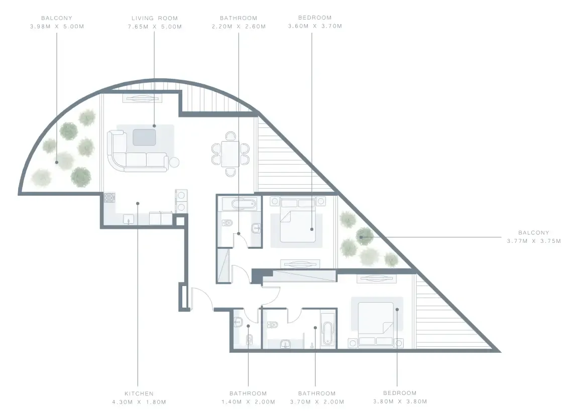 Royal Bay 2 bed floor plan, 1,522 sqft