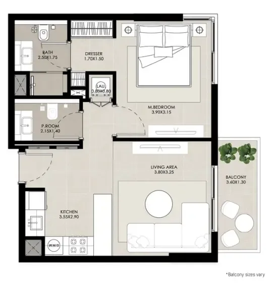 Rosewell 1 bed floor plan, 608 sqft