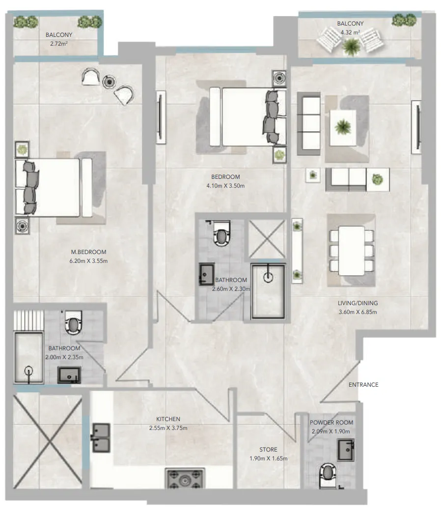 Al Aamra 3 Tower 2 bed floor plan, 1,522 – 1,680 sqft