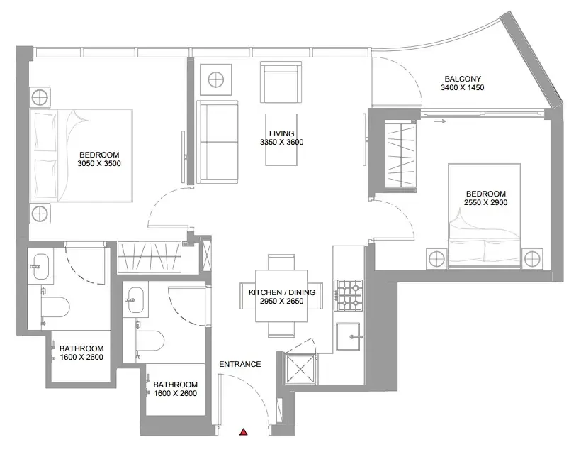 Pearlside Marina Residences 2 bed floor plan, 675 – 682 sqft