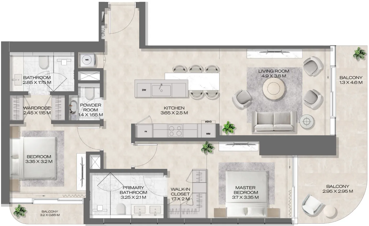DWTN Residences 2 bed floor plan, 1,335 sqft