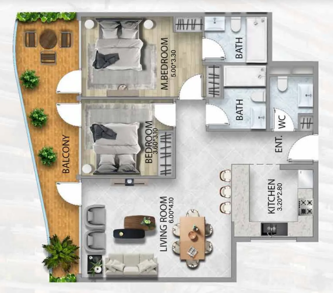 311 Boulevard 2 bed floor plan, 1,156 sqft