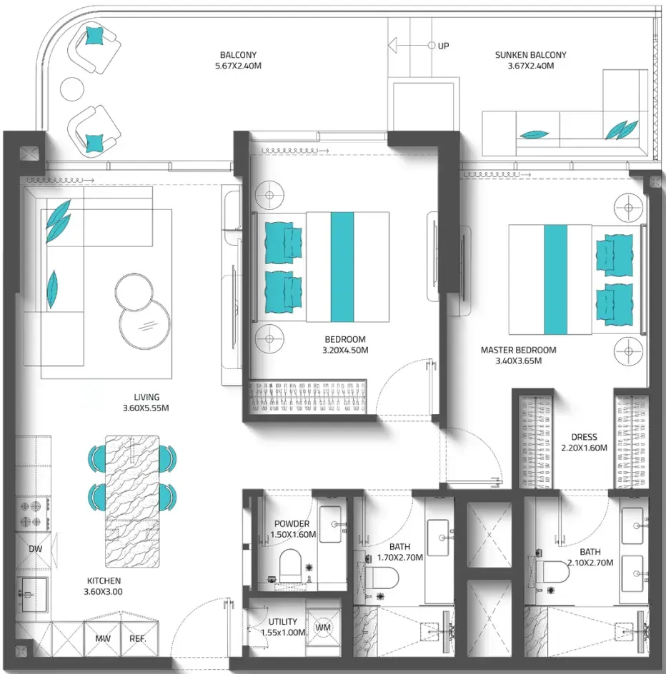 Reef 997 2 bed floor plan, 1,227 sqft