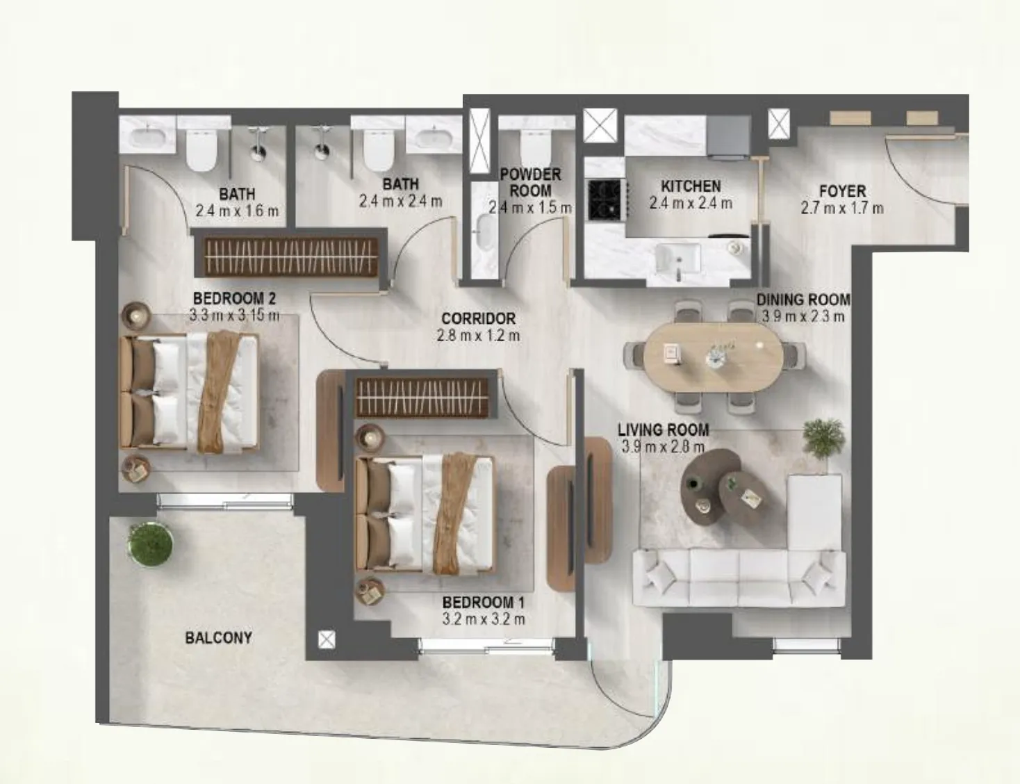 Sanctuary 2 bed floor plan, 1,051 – 1,105 sqft