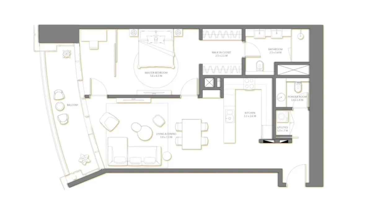 Palm Beach Tower 3 1 bed floor plan, 1,168 sqft