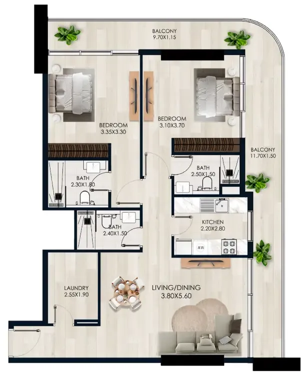 Verde by Vision 2 bed floor plan, 1,255 sqft