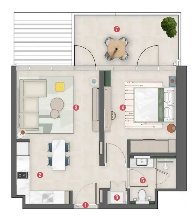 Rove Home Meydan Horizon 1 bed floor plan, 617 sqft