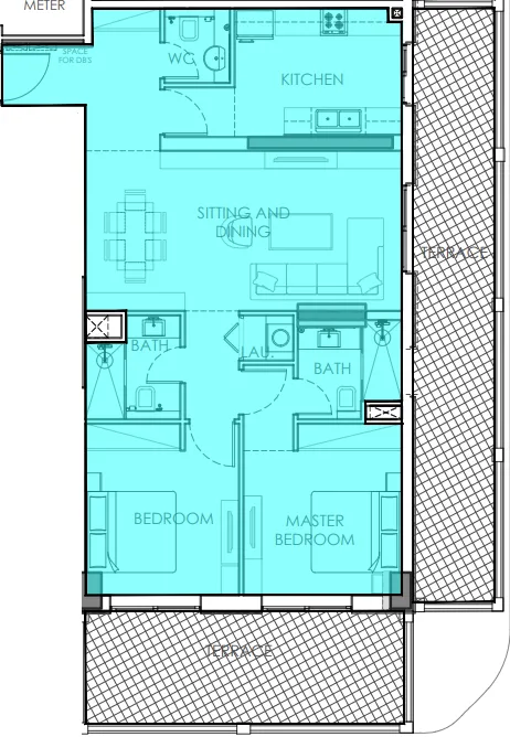 Amer Al Ghurair Residences 2 bed floor plan, 1,557 sqft