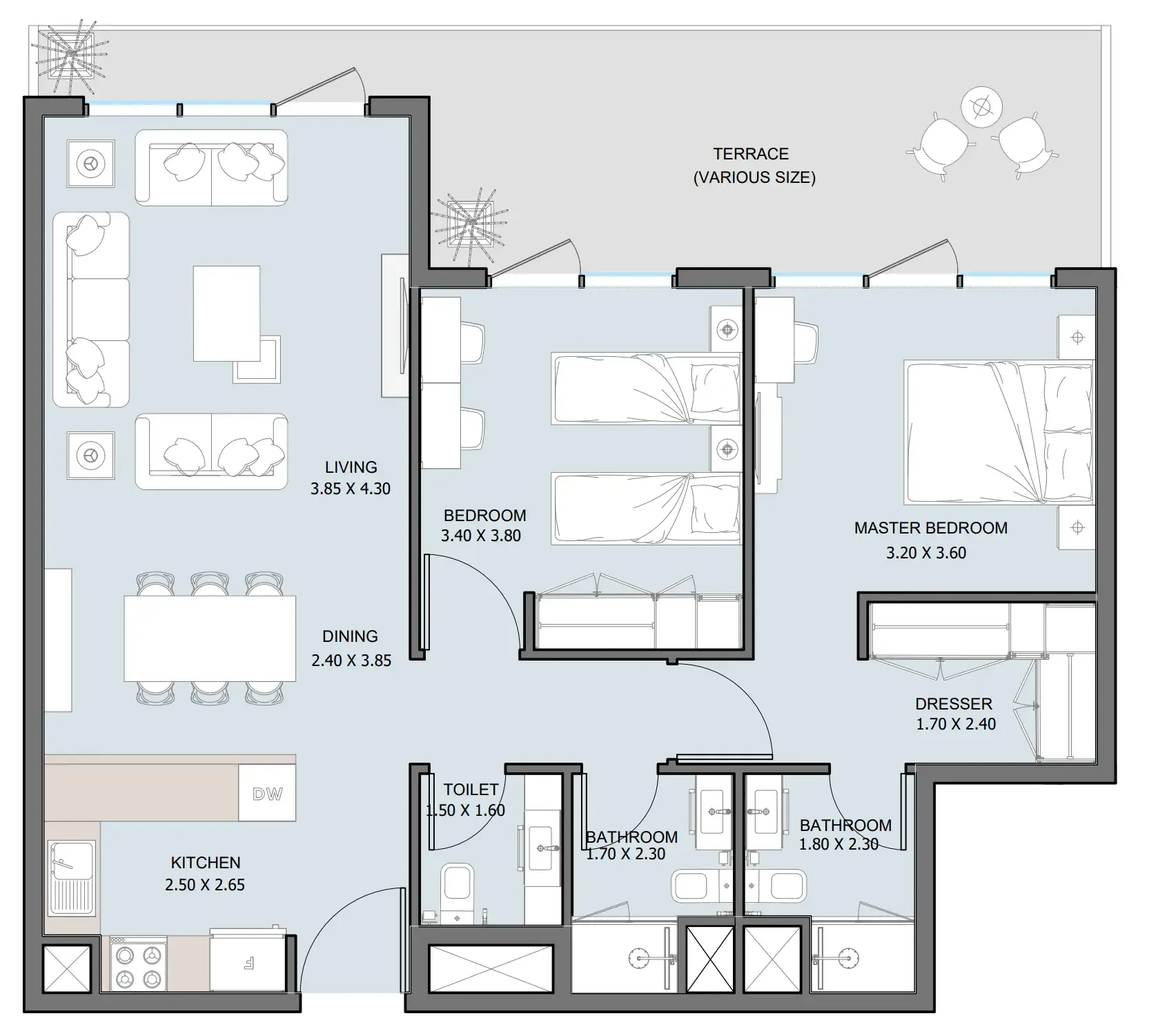 The District 2 bed floor plan, 1,079 sqft