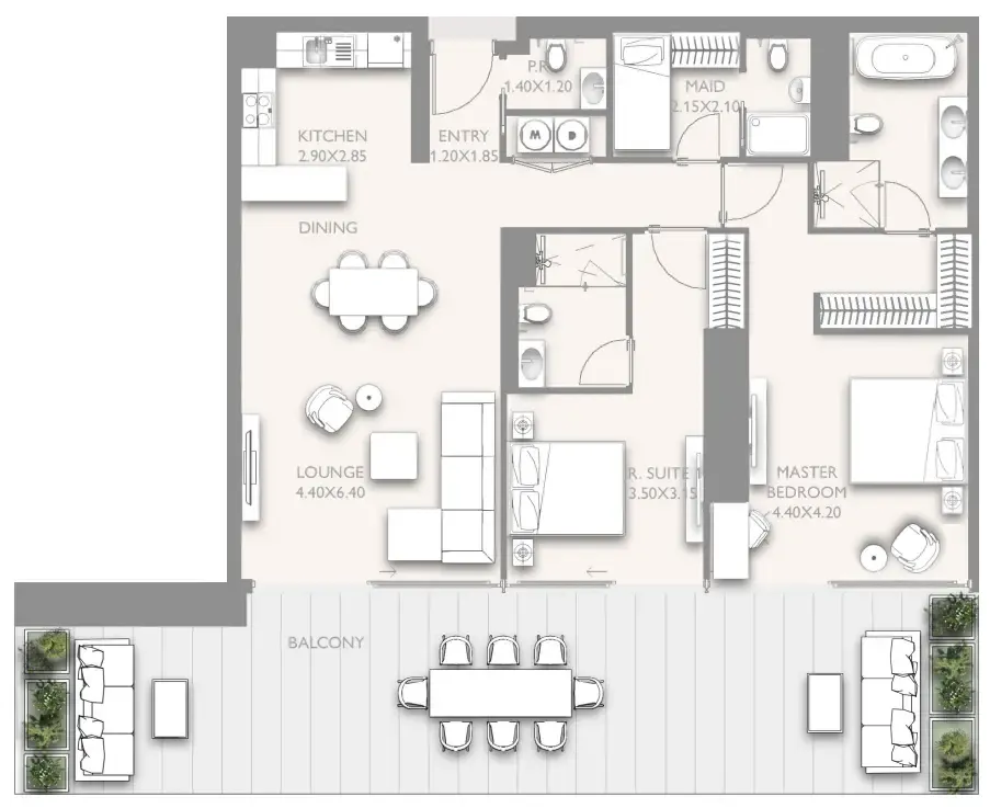 Fairmont Residences Solara Tower 2 bed floor plan, 1,894 sqft