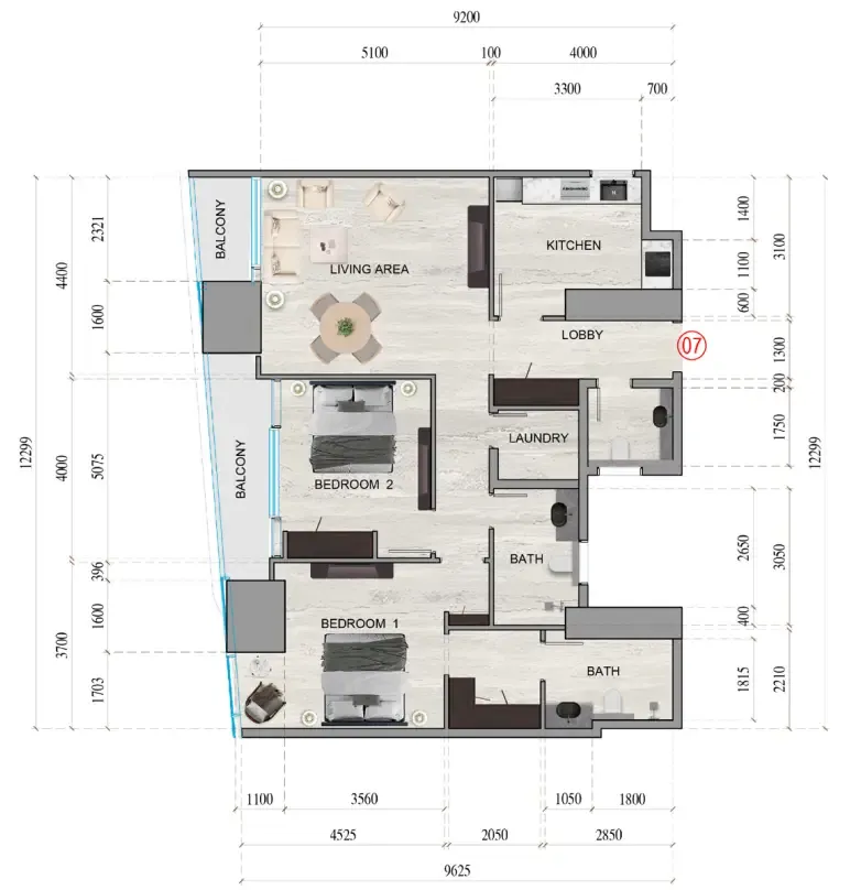 Al Ghaf Tower 2 bed floor plan, 1,338 sqft
