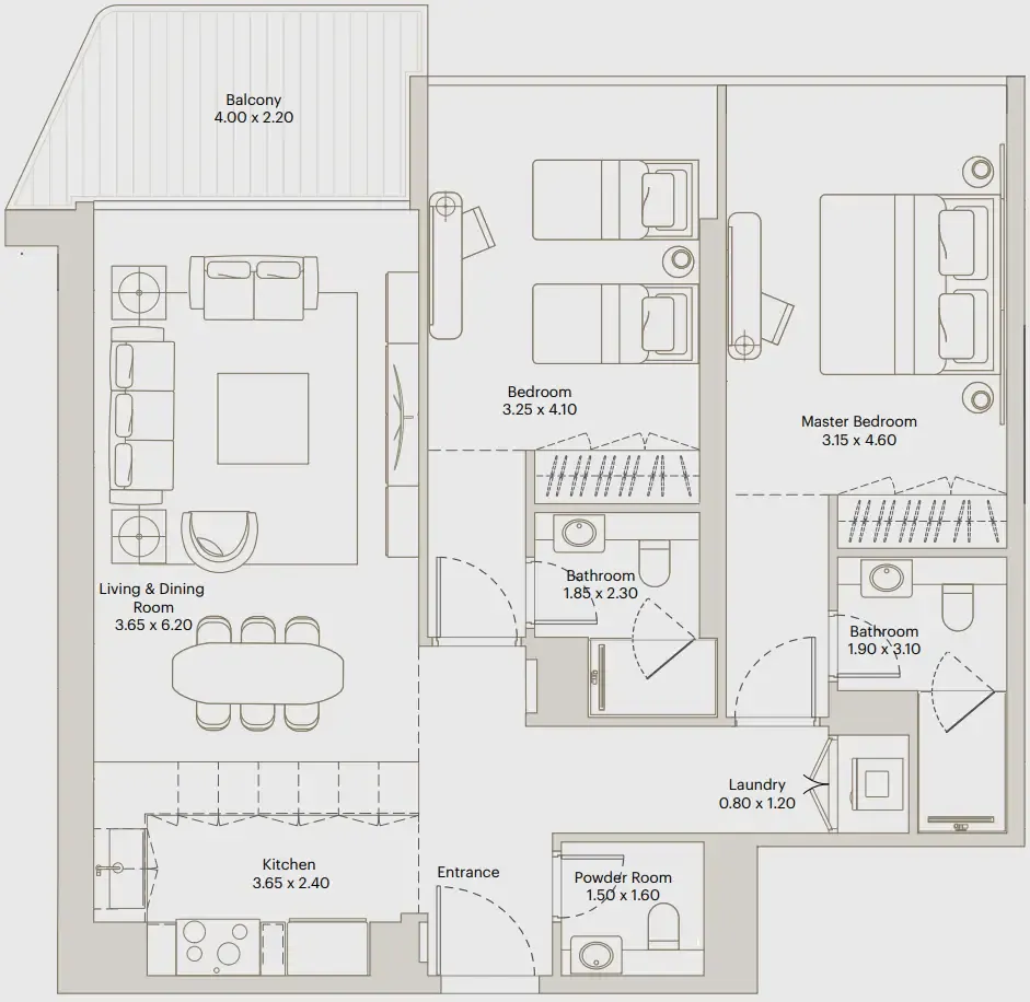 Eleve 2 bed floor plan, 1,124 sqft