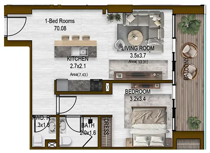 Noore 1 bed floor plan, 754 – 755 sqft