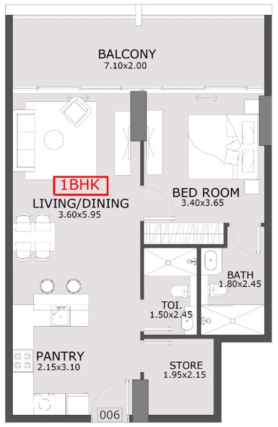 Azra Residence 1 bed floor plan, 785 – 851 sqft