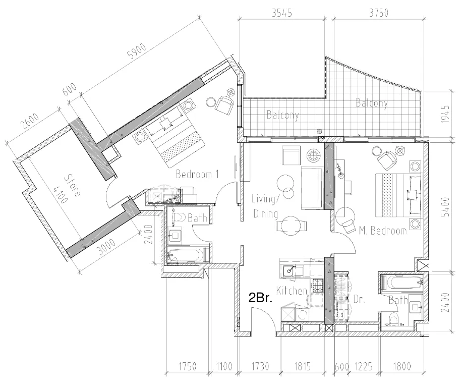 Aykon City Tower 2 bed floor plan, 1,326 sqft