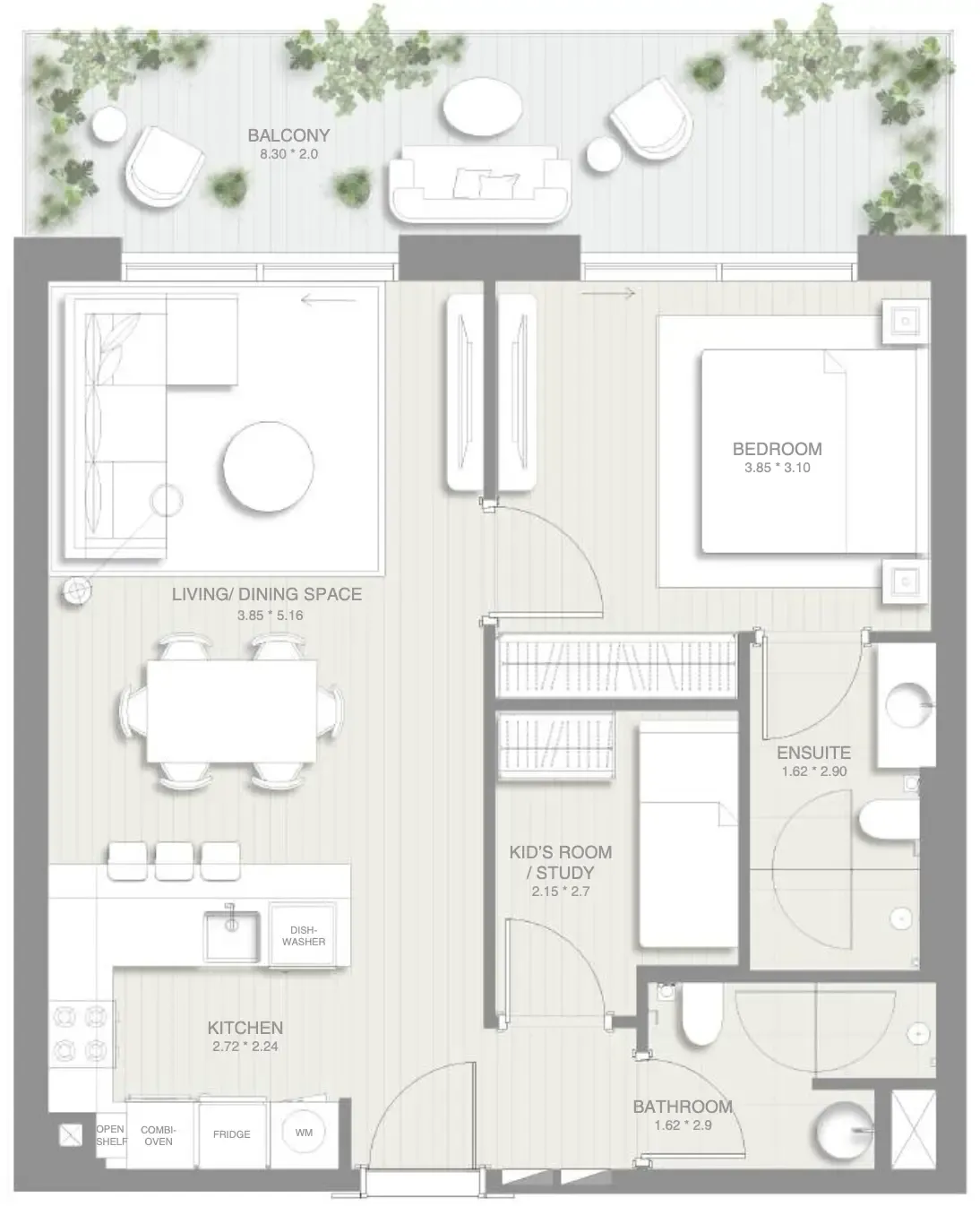 Sol Levante 1 bed floor plan, 883 sqft