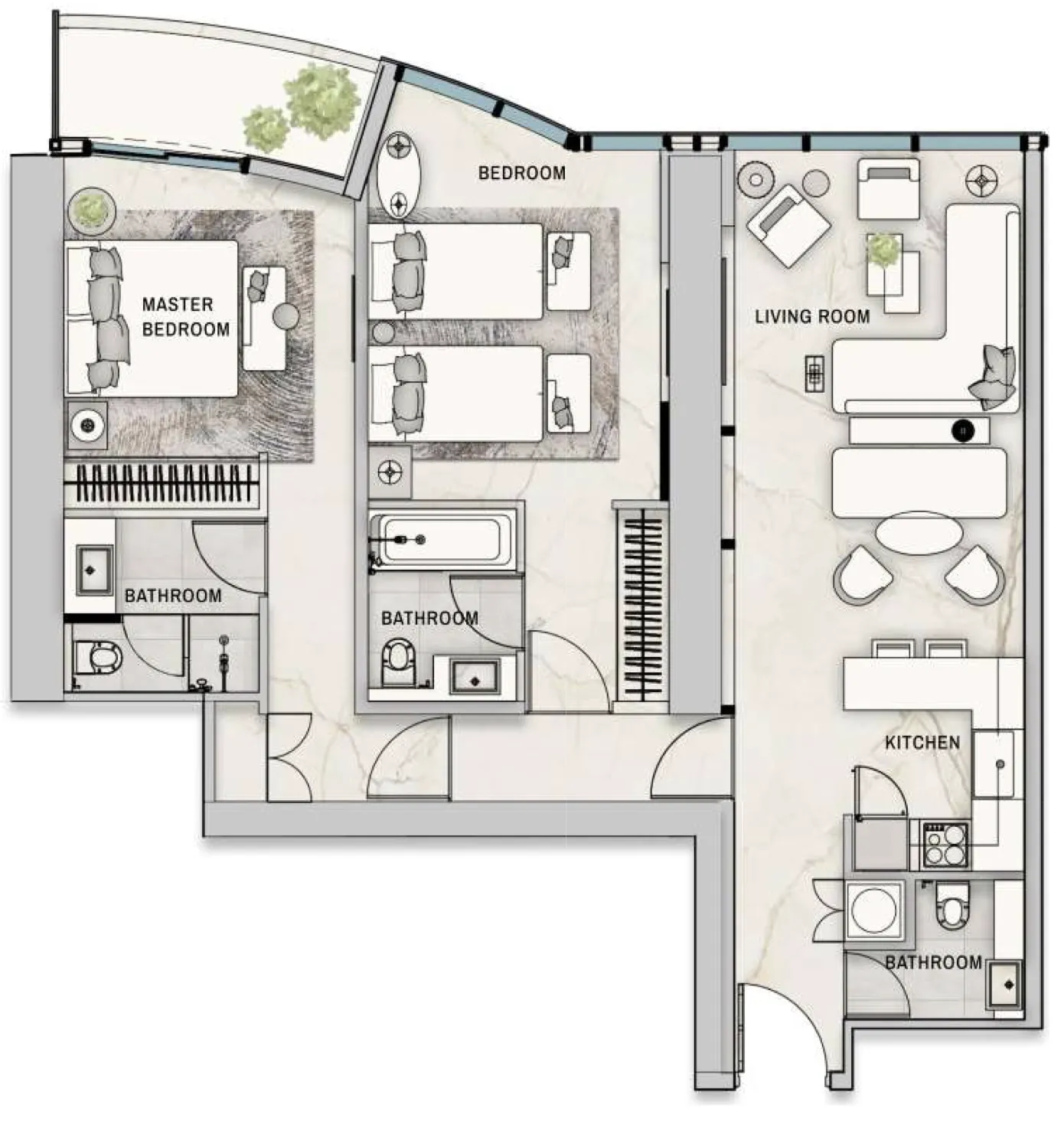 The Biltmore Residences Sufouh 2 bed floor plan, 1,061 sqft