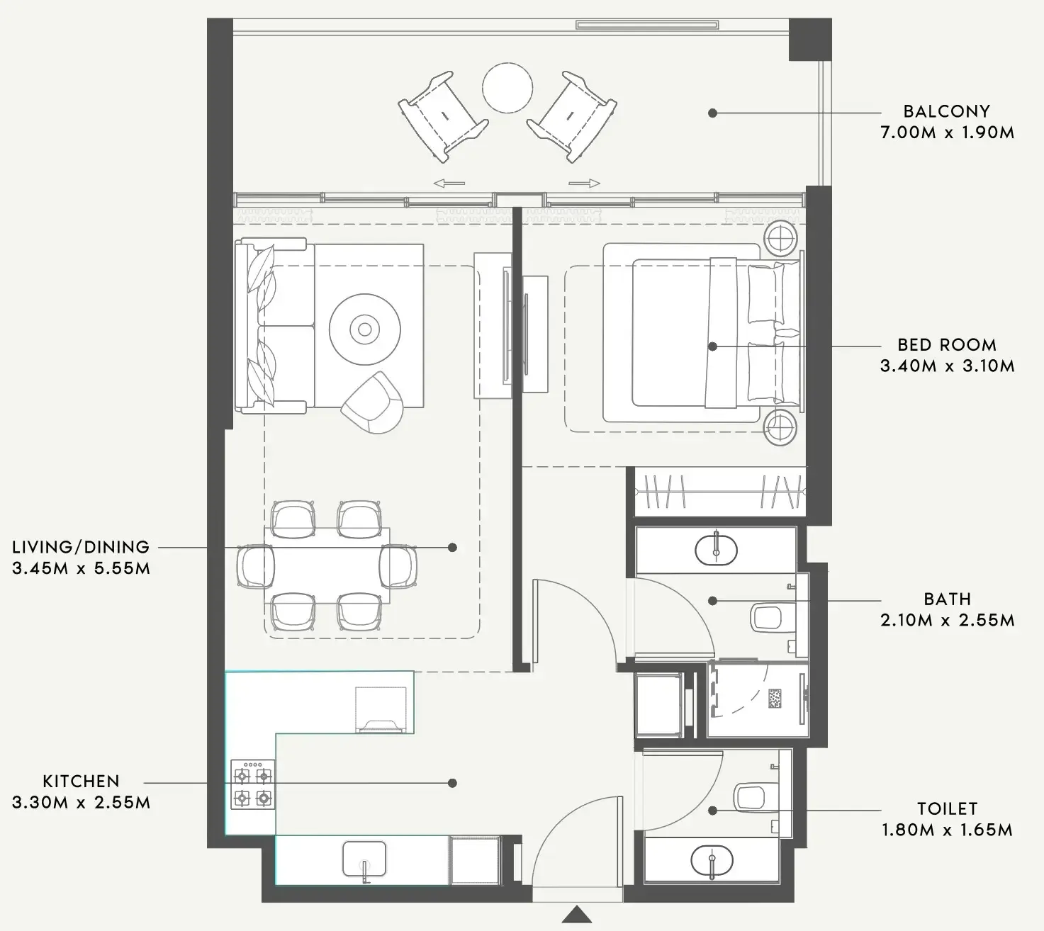 Riviera 58 1 bed floor plan, 784 sqft